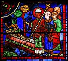 San Martín exorcizando un demonio de la tumba de un supuesto mártir, escena de la Vida de San Martín, Catedral de Chartres